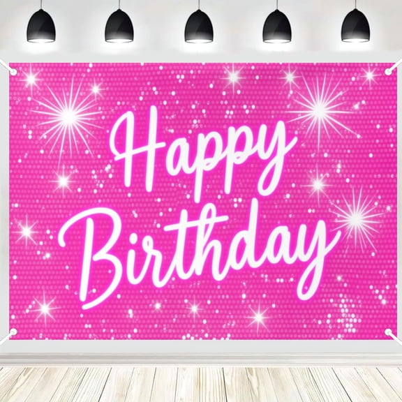 Hot Pink Sequin Glitter Happy Birthday Photography Backdrop, Sparkle Firework Light Photo Background for Women Birthday Party Decor 3x5ft