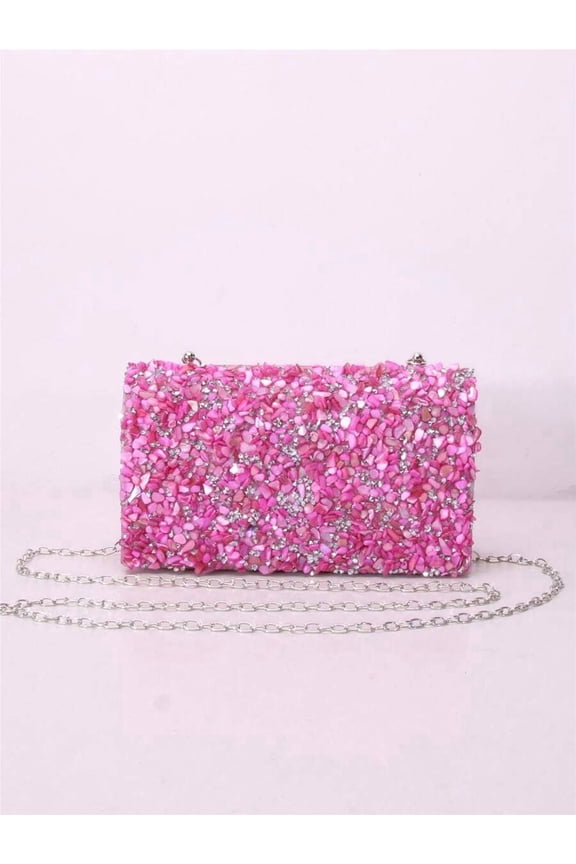 Hot Pink Shell & Rhinestone Embellished Clutch With Chain Strap