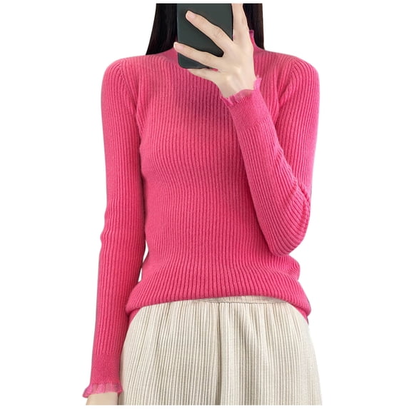 Hot Pink Shirts for Women Fall Winter Long Sleeve High Mock Neck Sweater Crochet Warm Basic Tops Shirt Blouse Ladies 2026 Trendy S