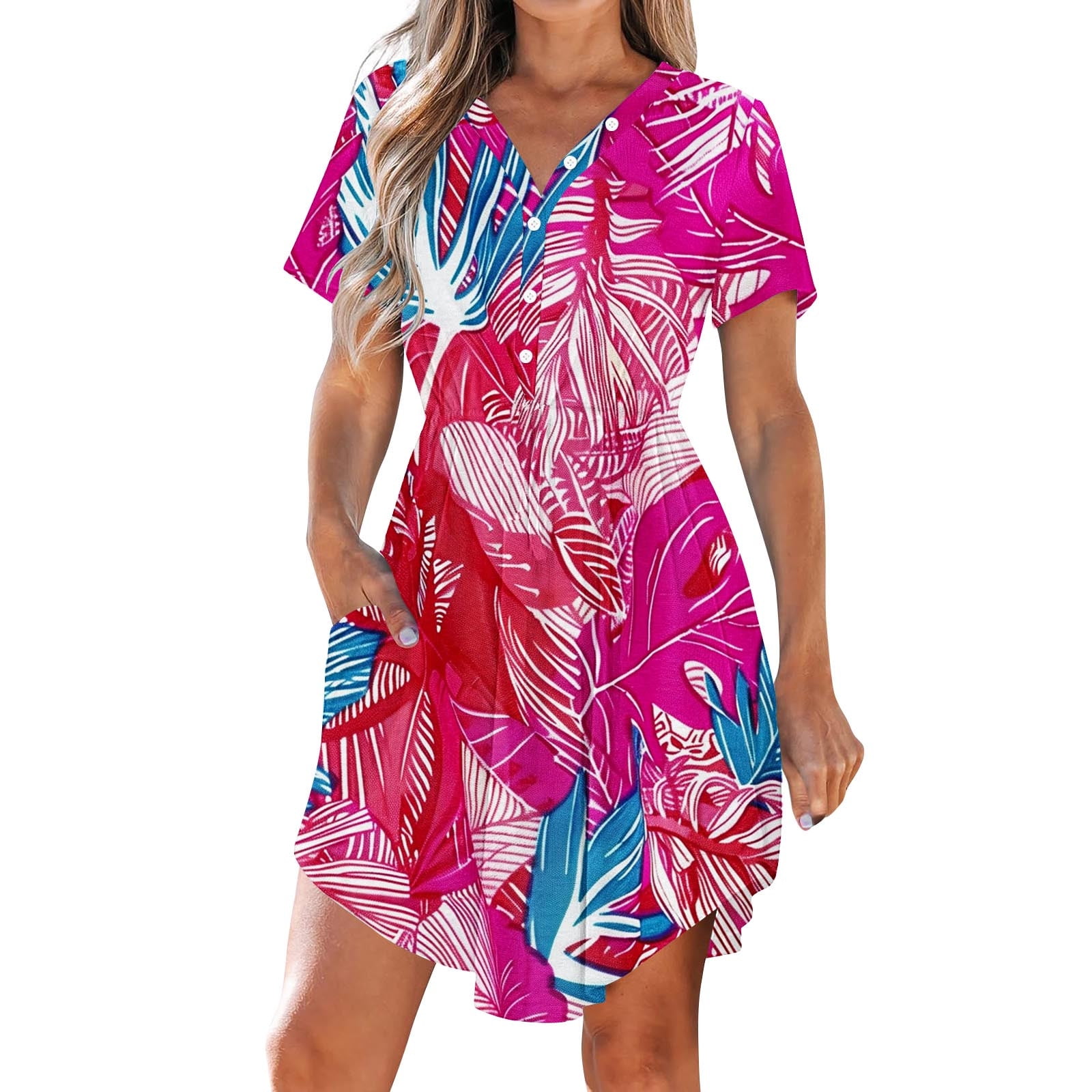 hot-pink-short-sleeve-for-women-fall-summer-vneck-spandex-long-brunch