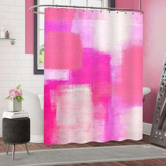 Hot Pink Shower Curtain Set with Hooks, Abstract Ombre Grunge Style Shower Curtain for Bathroom, Dark Pink & Peach Art Paint Brush Bathtub Decor, 72 x 72