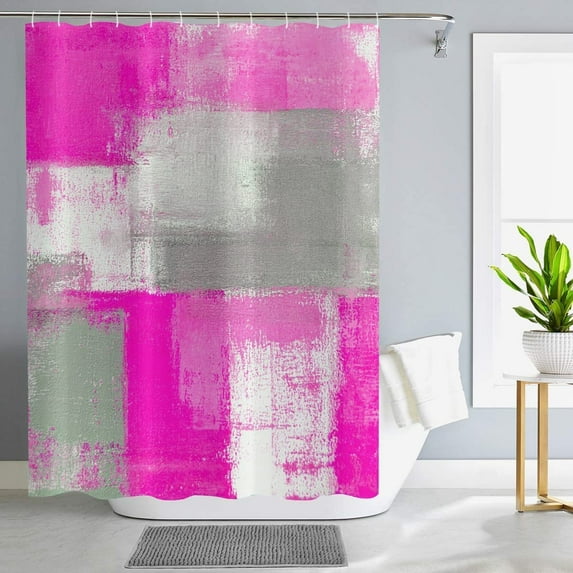 Hot Pink Shower Curtain, Watercolor Hot Pink Contemporary Brush Strokes Oil Painting Abstract Geometric Bathroom Curtain Bathtub Decor Waterproof Fabric with 12 Hooks