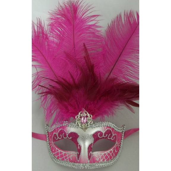 Hot Pink Silver Venetian Mask Feather Masquerade Mardi Gras 12" New