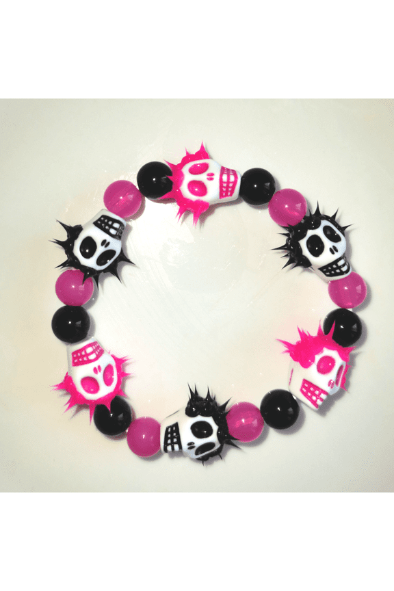 Hot Pink Skull Beaded Stretch Bracelet With Spiked Accents, Soft Silicone, Fashion Jewelry For Halloween Or Everyday Wear