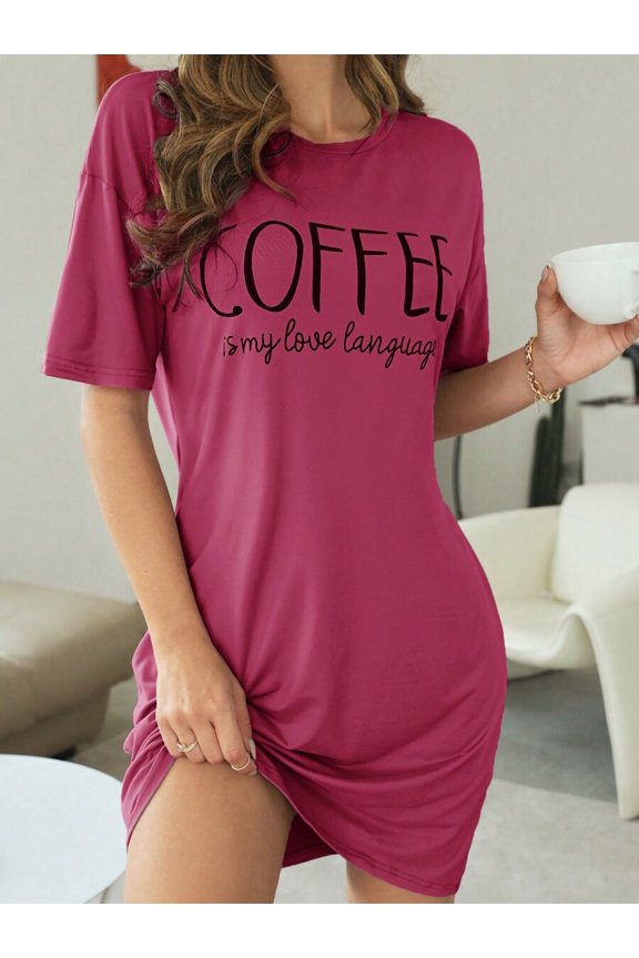 Hot Pink Slogan Graphic Drop Shoulder Sleep Dress With Coffee Is My Love Language Print