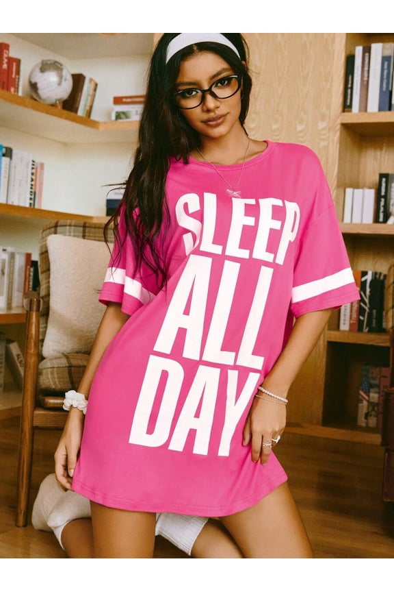 Hot Pink Slogan Graphic Oversized Drop Shoulder Sleep Dress