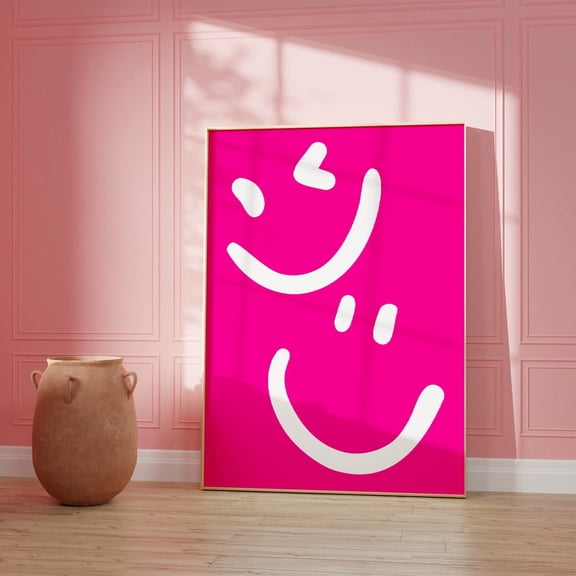 Hot Pink Smiley Face Preppy Wall Art, Unframed Paper Print Size 24x36