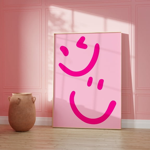 Hot Pink Smiley Face Preppy Wall Art, Unframed Paper Print Size 8x12