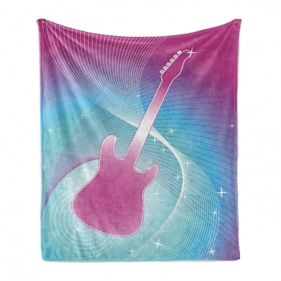 Hot Pink Soft Flannel Fleece Blanket, Hot Pink Guitar on Vibrant Colored Backdrop Music Themed Abstract Image Print, Cozy Plush for Indoor and Outdoor Use, 50" x 60", Hot Pink Aqua, by Ambesonne