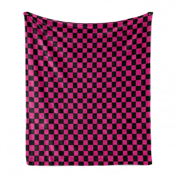 Hot Pink Soft Flannel Fleece Blanket, Old Fashioned Gingham Checks in Vibrant Colors Modern Display Geometric Simple, Cozy Plush for Indoor and Outdoor Use, 60" x 80", Magenta Black, by Ambesonne