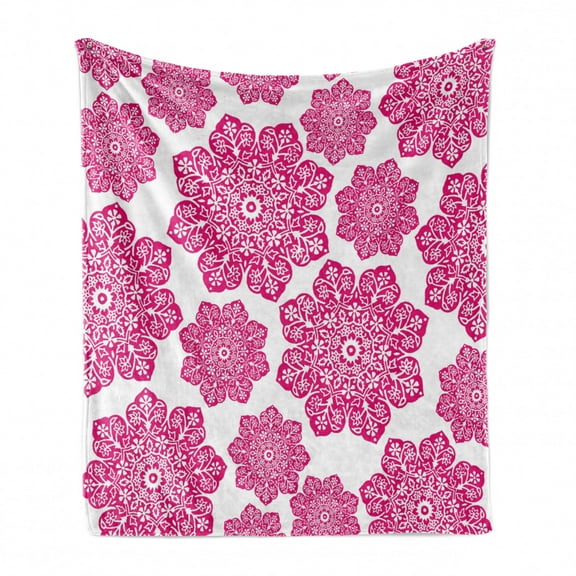 Hot Pink Soft Flannel Fleece Throw Blanket, Batik Floral Arrangement with Eastern Design Mandala Pattern, Cozy Plush for Indoor and Outdoor Use, 50" x 60", Hot Pink White, by Ambesonne