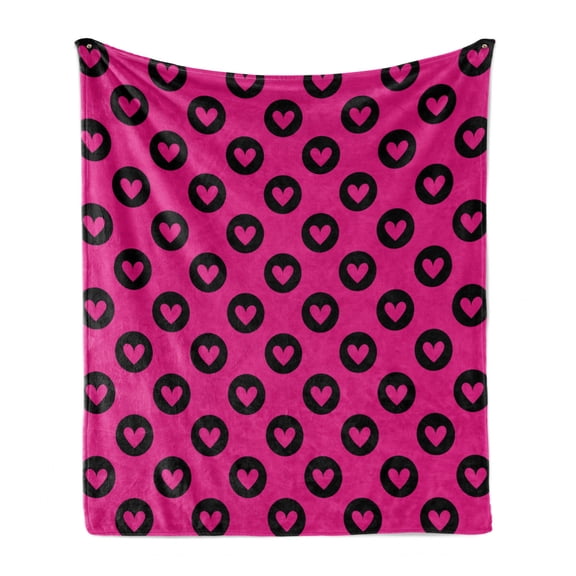 Hot Pink Soft Flannel Fleece Throw Blanket, Pink Hearts Inside Big Black Spots Pattern in Symmetric Order Girlish Love, Cozy Plush for Indoor and Outdoor Use, 50" x 70", Magenta Black, by Ambesonne