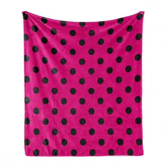 Hot Pink Soft Flannel Fleece Throw Blanket, Pop Art Inspired Design Retro Pattern of Black Polka Dots Classical Spotted, Cozy Plush for Indoor and Outdoor Use, 70" x 90", Hot Pink Black, by Ambesonne