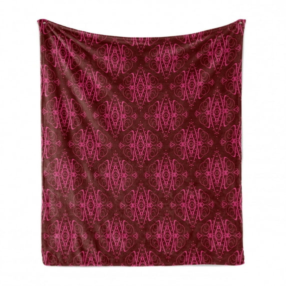 Hot Pink Soft Flannel Fleece Throw Blanket, Traditional Eastern Damask Pattern over Burgundy Background Design Print, Cozy Plush for Indoor and Outdoor Use, 70" x 90", Burgundy Pink, by Ambesonne