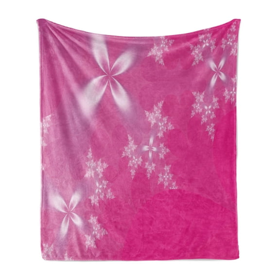 Hot Pink Soft Flannel Fleece Throw Blanket, Vibrant Floral Arrangement on an Abstract Hot Pink Background Modern Design, Cozy Plush for Indoor and Outdoor Use, 70" x 90", Hot Pink White, by Ambesonne