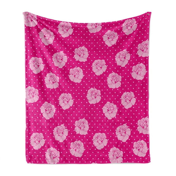 Hot Pink Soft Flannel Fleece Throw Blanket, Vintage Pale Pink Roses on White Dotted Hot Pink Background Love, Cozy Plush for Indoor and Outdoor Use, 60" x 80", Hot Pink Pale Pink White, by Ambesonne