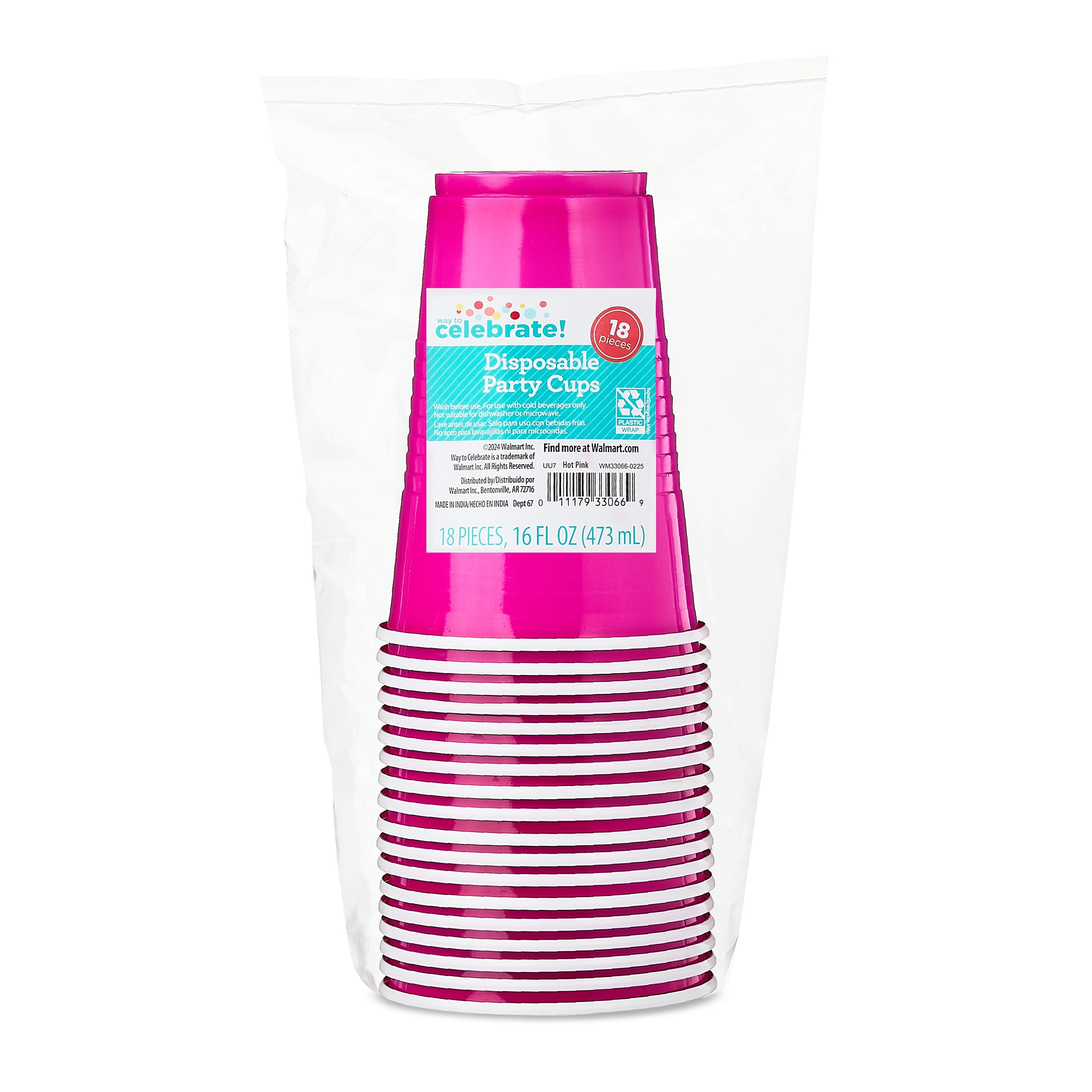 Disposable Plastic Party Cups, Hot Pink, 16 fl oz, 18 Count, by Way To Celebrate