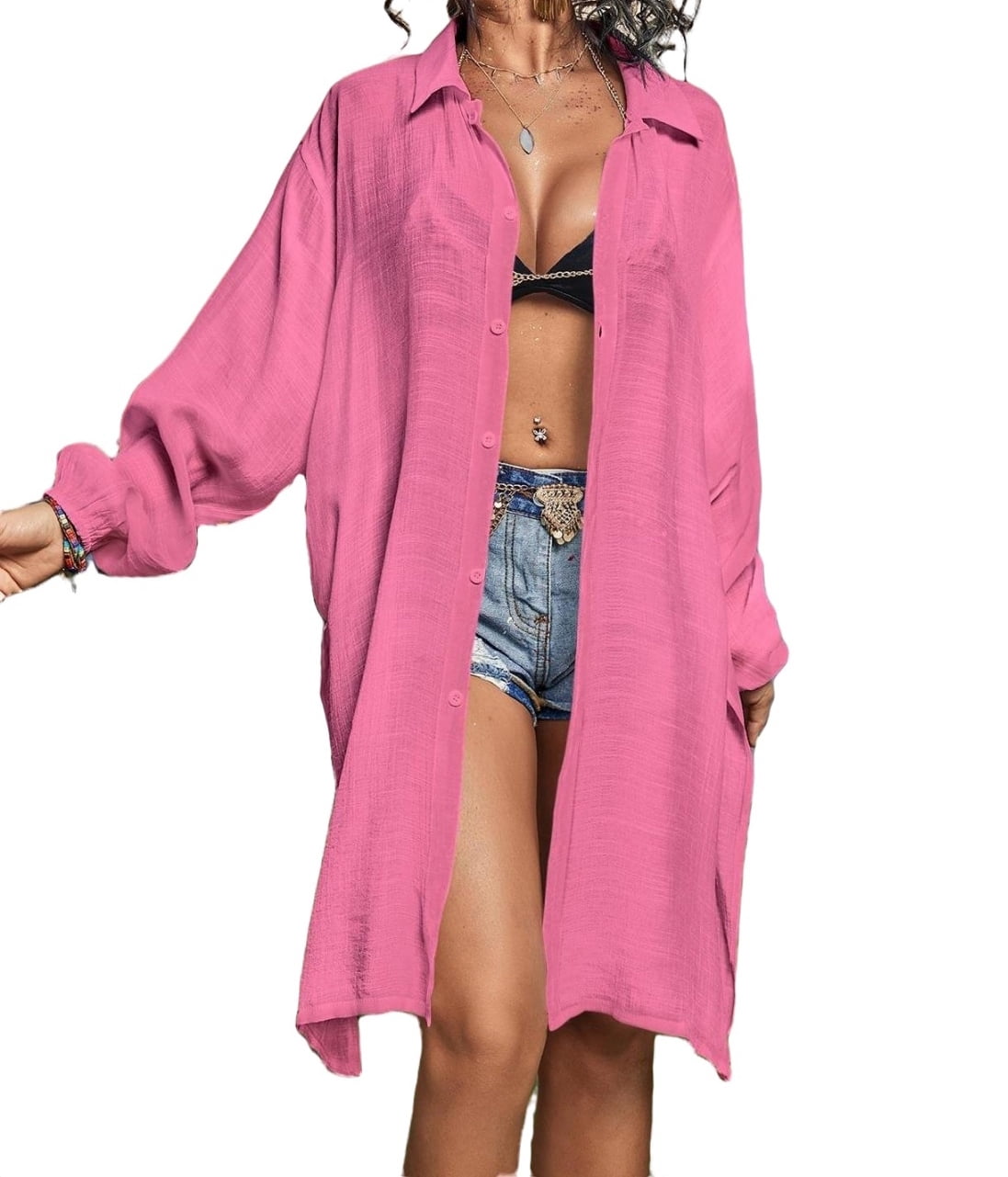 Hot Pink Solid Button Front Long Sleeve Women's Kimonos