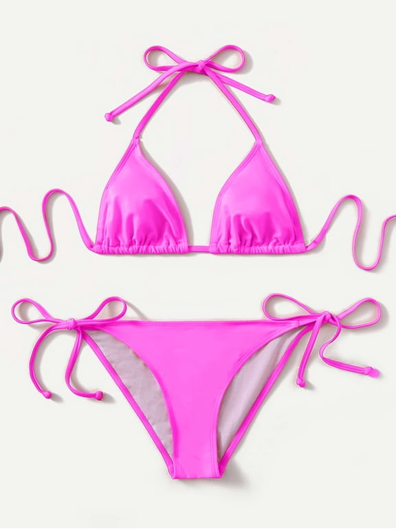 Hot Pink Solid Halter Triangle Bikini Set With Adjustable Tie Straps And Side Ties