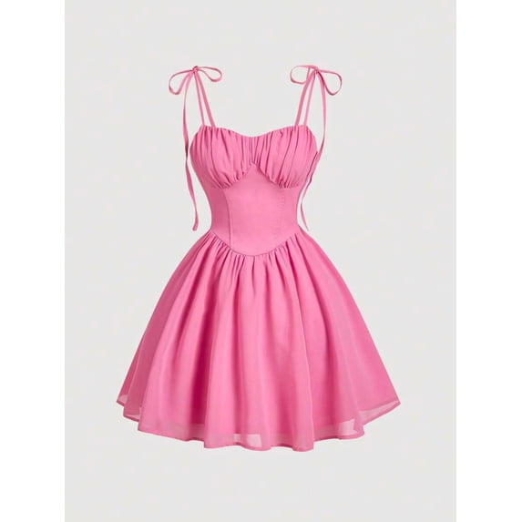 Hot Pink Solid Knot Shoulder Ruched Bust Milkmaid Cami Dress, A-Line Mini Dress For Women