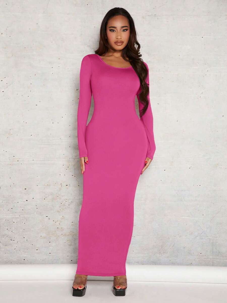 long sleeve hot pink bodycon dress QINSEN Women's Square Neck Long Sleeve Maxi Dress Ribbed Bodycon Dresses for Women Soft Lounge Dress Azalea Pink XS at Amazon Women's Clothing store