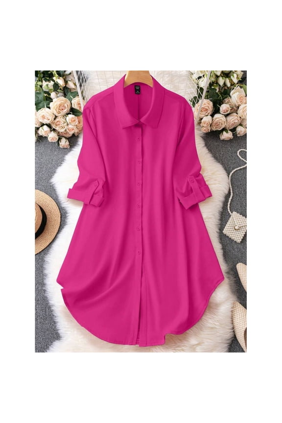 Hot Pink Solid Turn-Down Collar Button-Front Half Sleeve Shirt Dress For Women