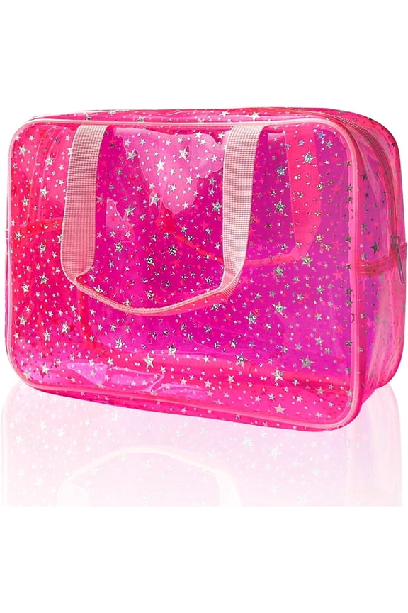Hot Pink Star Large Cosmetic Bag, 12 x 5 x 8 inch Travel Pouch with Handle for Makeup, Travel Essentials, Pink