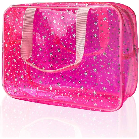 Hot Pink Star Large Cosmetic Bag, 12 x 5 x 8 inch Travel Pouch with Handle for Makeup, Travel Essentials, Pink