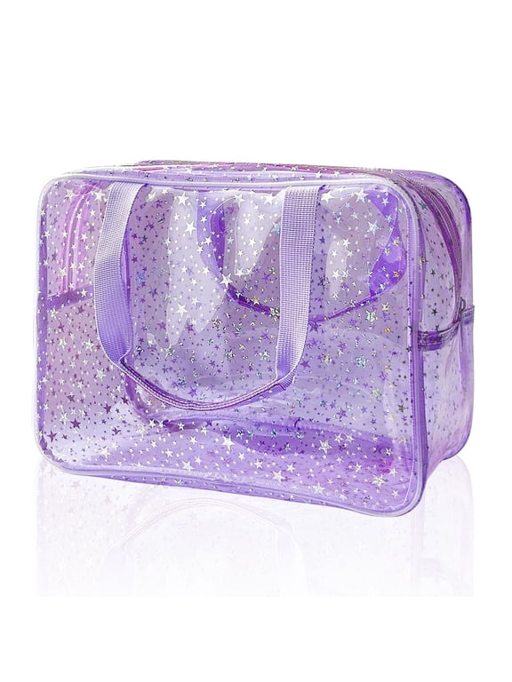Hot Pink Star Large Cosmetic Bag, 12 x 5 x 8 inch Travel Pouch with Handle for Makeup, Travel Essentials, Purple