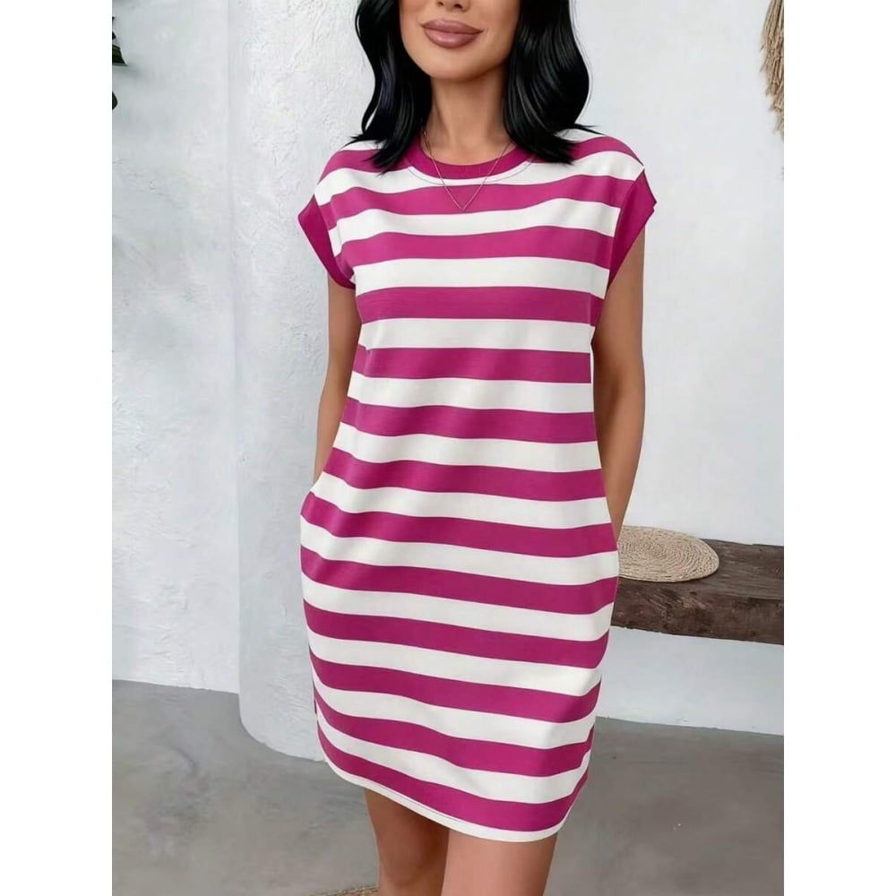 hot pink t shirt dress Striped Crew Neck T-Shirt Dress, Lightweight Polyester Short Sleeve Loose Fit Mini For Women, Women's, Size: XL 60% Rayon 40% Polyester Better Believe It Fitted Knit