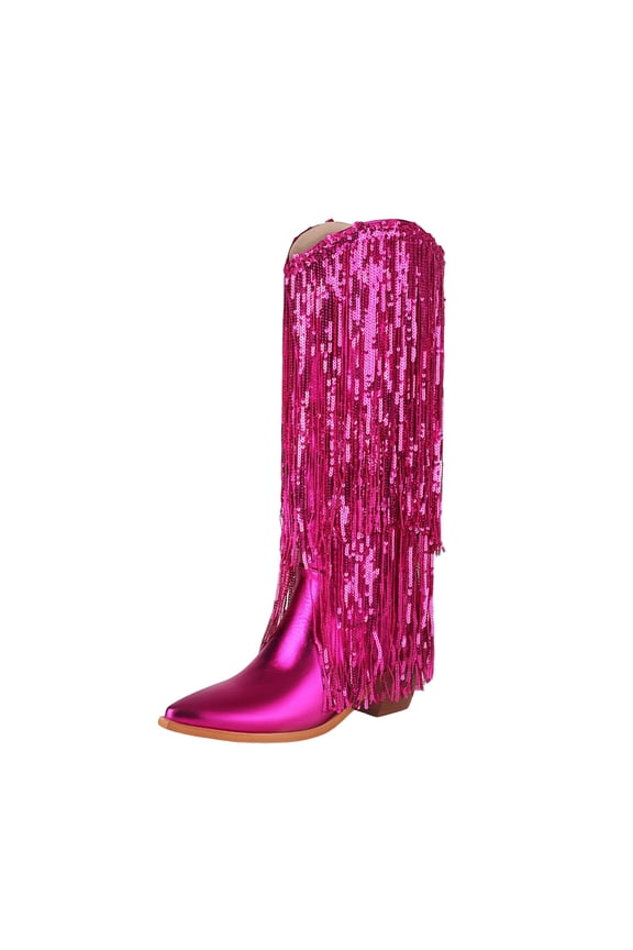Hot Pink Stylish Women'S High Shaft Boots With Tassel And Sequins, Pointed Toe, Thick Heel, Ideal For Cool Weather And Versatile Styling