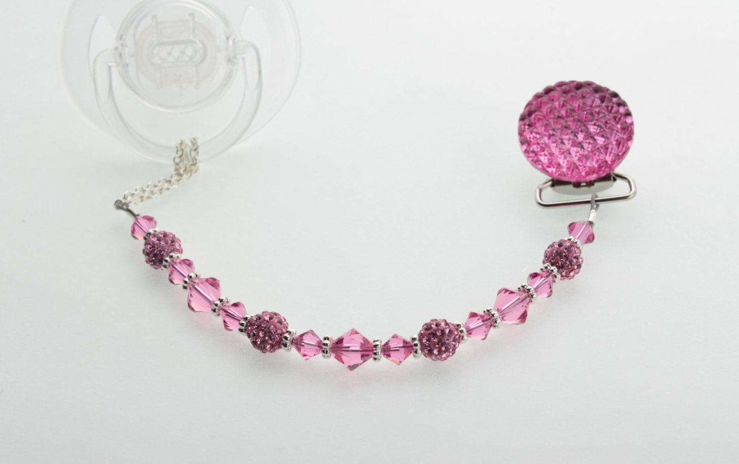 Hot Pink Swarovski Crystal Beads and Sterling Silver Daisy Spacers Pacifier Clip