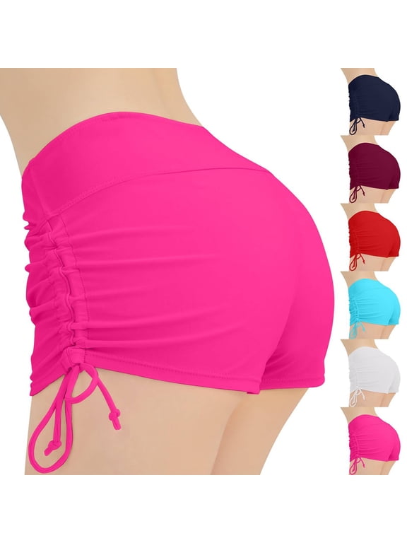 Hot Pink Swim Shorts Womens High Waisted Bathing Suit Bottoms High Elastic Swimsuit Boy Shorts Swimwear Bikini Board Shorts for Beach Pool