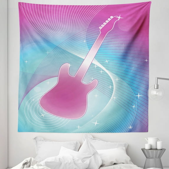 Hot Pink Tapestry, Hot Pink Guitar on Vibrant Colored Backdrop Music Themed Abstract Image Print, Fabric Wall Hanging Decor for Bedroom Living Room Dorm, 5 Sizes, Hot Pink Aqua, by Ambesonne