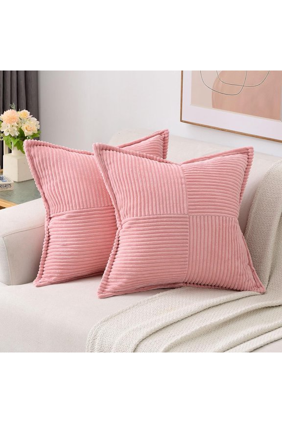Hot Pink Throw Pillow Covers 18x18 Inch Set of 2,Soft Solid Corduroy Striped/Wide Bordered,Square Decorative Cushion Case,Fall Decorations for Home Couch,Bed