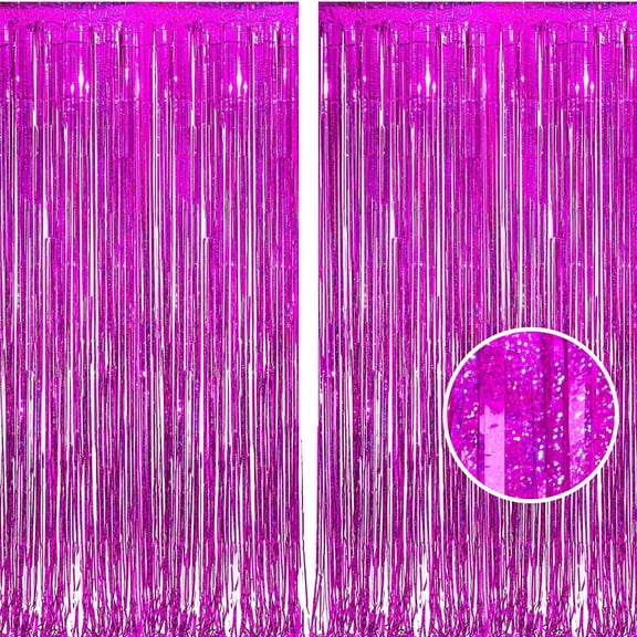Hot Pink Tinsel Foil Fringe Curtains - 2Pcs 3.2x8.2ft Metallic Party Streamers Backdrop for Valentines Girl Birthdays Bridal Shower Bachelorette Engagement Hawaiian Luau Party Decorations