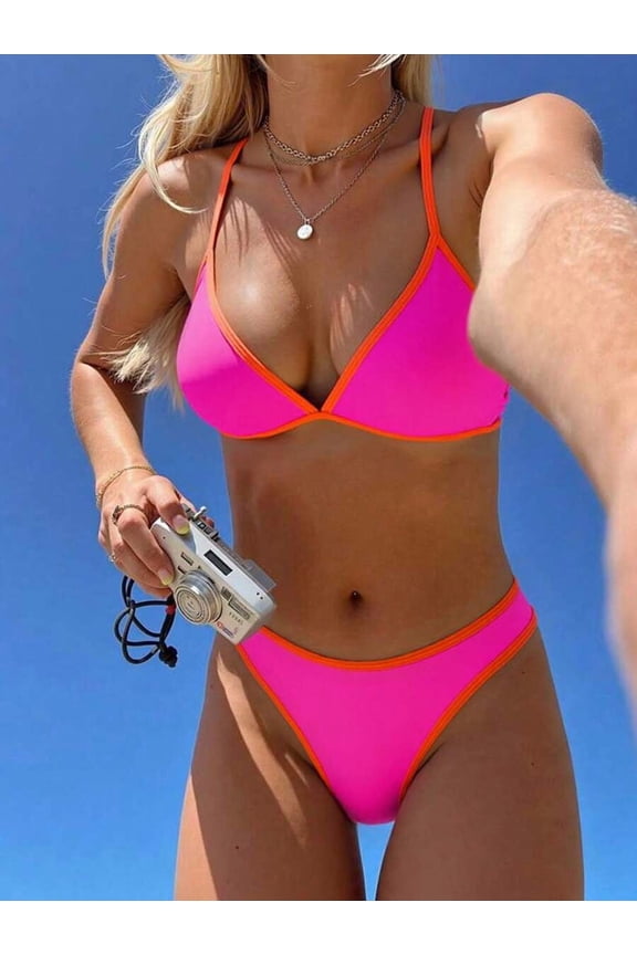 Hot Pink Triangle Halter Bikini Set With Orange Contrast Trim And Adjustable Straps