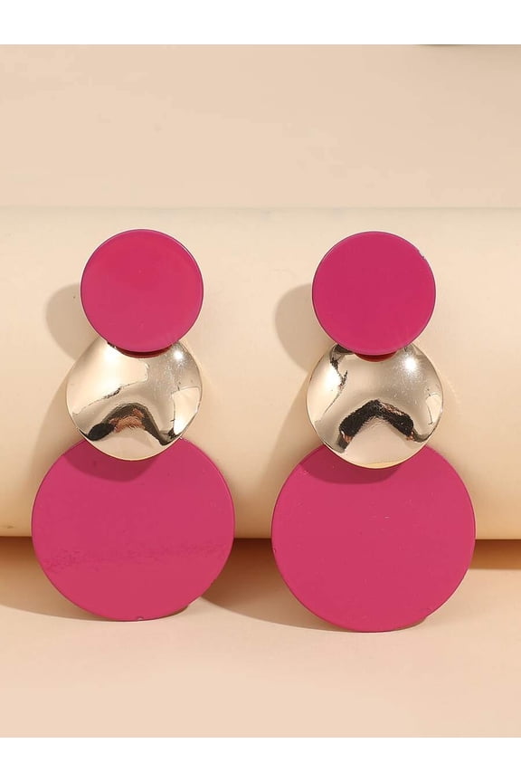 Hot Pink Triple-Disc Statement Earrings With Polished Silver-Tone Center