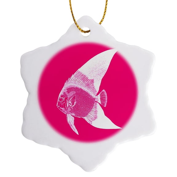 3drose, Hot Pink Tropical Fish Print. Exotic Modern Sea Ocean Aquatic Biology, 3 inch Snowflake Porcelain Ornament