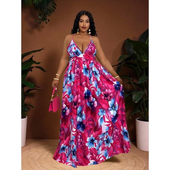 Hot Pink Tropical Floral Fit & Flare Sleeveless Plus Size Maxi Dress For Women