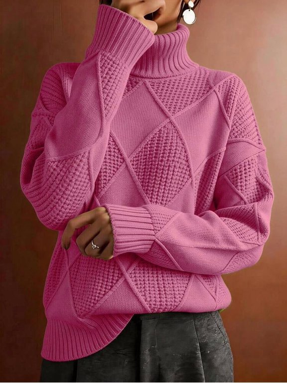 Hot Pink Turtleneck Sweater with Diamond Knit Pattern