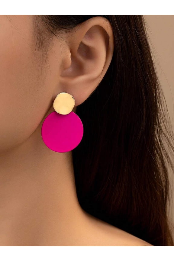 Hot Pink Two-Tone Round Drop Earrings For Women