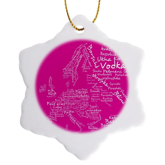 3drose, Hot Pink Typography Food Map of Europe with Names of Foods Local to Those Countries Around the World, 3 inch Snowflake Porcelain Ornament