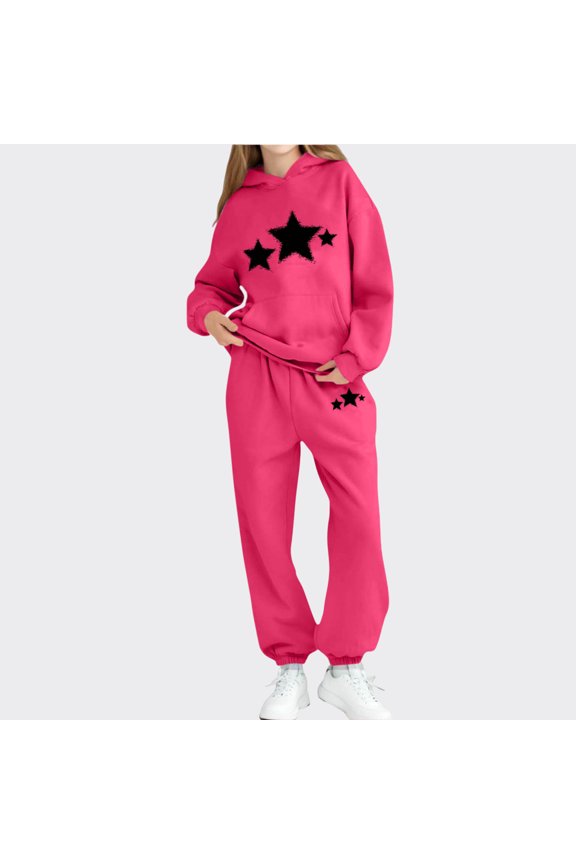 Hot Pink Unisex Kids 2-Piece Hoodie & Jogger Set, Star Graphic 100% Polyester Relaxed Fit Machine Washable for 4-12 Years,Size 12-13T