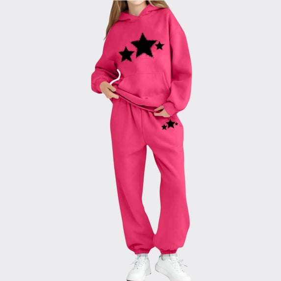 Hot Pink Unisex Kids 2-Piece Hoodie & Jogger Set, Star Graphic 100% Polyester Relaxed Fit Machine Washable for 4-12 Years,Size 7-8T