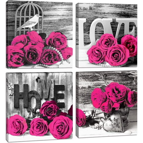 Hot Pink Wall Art Pink Flower Pictures Wall Decor for Couple Bedroom Living Room Black and White Grey Background Canvas Prints Rustic Floral Love Theme Paintings Artwork Home Decoration 16x16 4Pcs