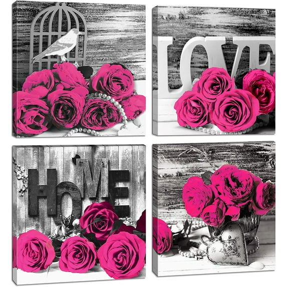 Hot Pink Wall Decor Rose Flower Wall Art Bedroom Retro Gray Love Pictures for Bathroom Living Room Accessories Floral Painting Modern Canvas Framed Artwork Office Home Decoration Girls Gift