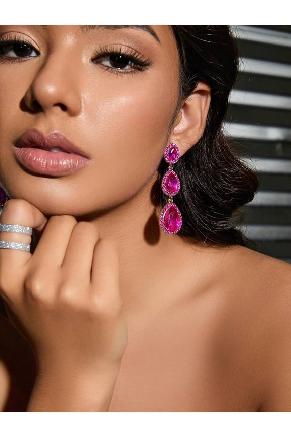Hot Pink Water-Drop Triple Gemstone Dangle Earrings With Sparkling Faceted Stones