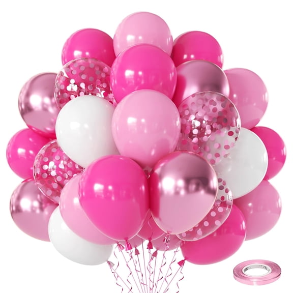 Hot Pink White Balloons Set, 50pcs 12inch Pastel Light Pink Confetti White Latex Balloons and Metallic Pink Balloon with Ribbons for Birthday Wedding Party Decorations
