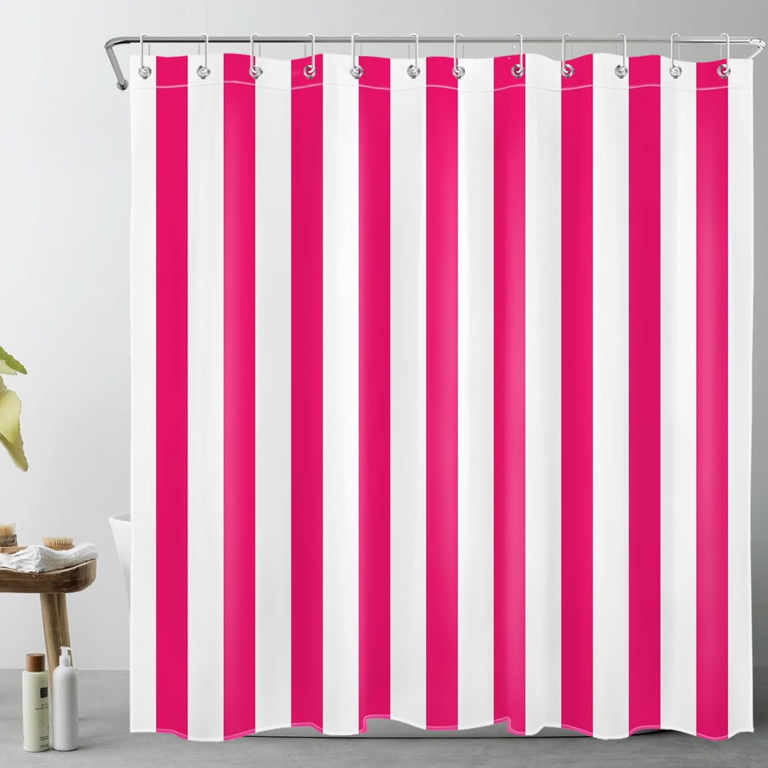 Hot Pink and White Striped Shower Curtain for Bathroom,Modern Abstract Vertical Stripe Fabric Shower Curtain with Hooks,Vintage Minimalist Bathroom Curtain Shower Set, 72" W x 84" L